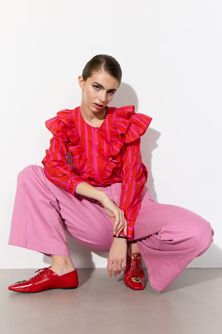 HUNKØN Lucinda Ruffle Shirt Shirts Red Striped