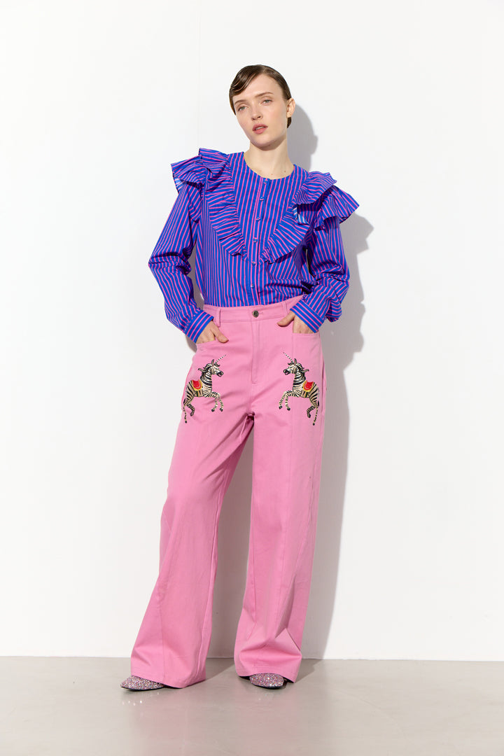 HUNKØN Lucinda Ruffle Shirt Shirts Blue Striped