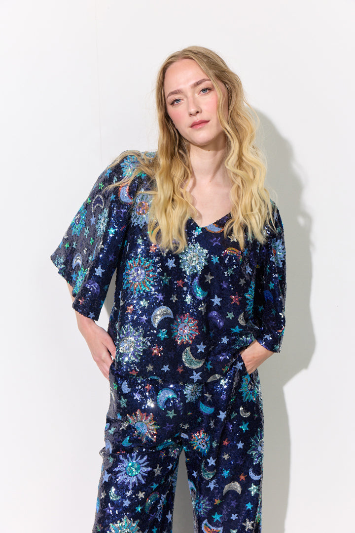 HUNKØN Muna Sequin Top Tops Navy Glitter