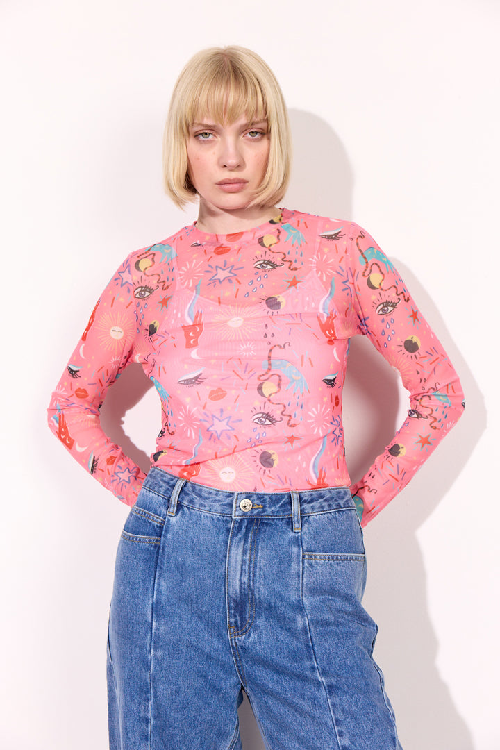 HUNKØN Ozzy Mesh Blouse Blouses Graffiti Art Print